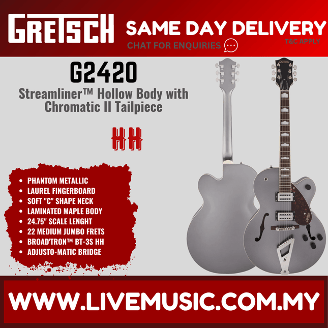 Gretsch G2420 Streamliner Hollow Body Electric Guitar w/Chromatic II, Laurel FB, Phantom Metallic