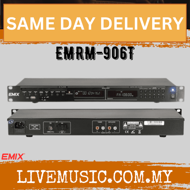 Audio source player with CD, USB, and AM/FM tuner, rack-mount front and rear views