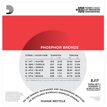 D'Addario EJ17 - Phosphor Bronze Acoustic Strings, Medium (13-56)(DAddario)