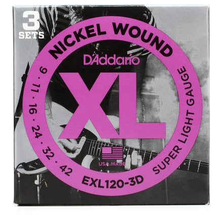 D'Addario EXL120-3D - 3 Pack Nickel Wound Electric Strings, Super Light (9-42)(DAddario/EXL120)