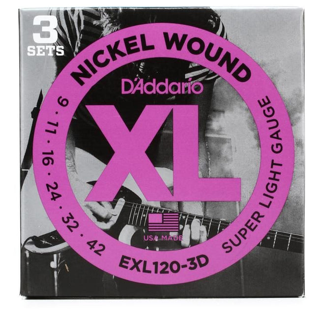 D'Addario EXL120-3D - 3 Pack Nickel Wound Electric Strings, Super Light (9-42)(DAddario/EXL120)