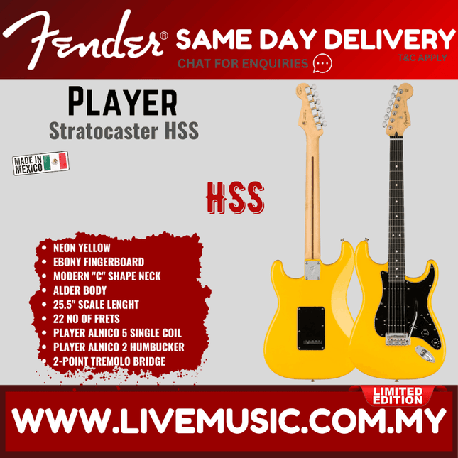 Fender Limited Edition  Player HSS Stratocaster Electric Guitar, Ebony FB, Neon Yellow