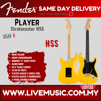 Fender Limited Edition  Player HSS Stratocaster Electric Guitar, Ebony FB, Neon Yellow