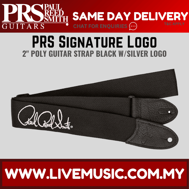 PRS Signature Logo 2inch Poly Guitar Strap - Black w/Silver Logo