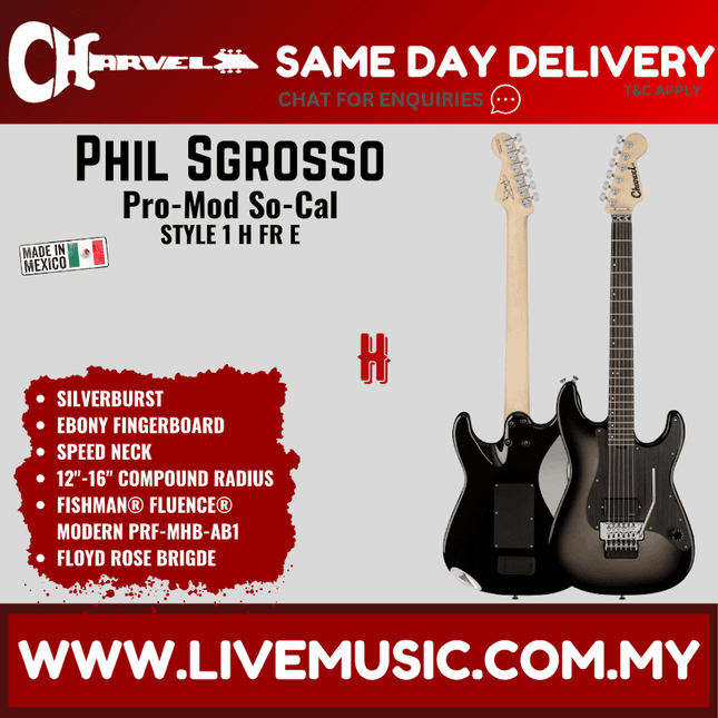 Charvel Phil Sgrosso Signature Pro-Mod So-Cal Style 1 H FR E Electric Guitar, Ebony FB, Silverburst