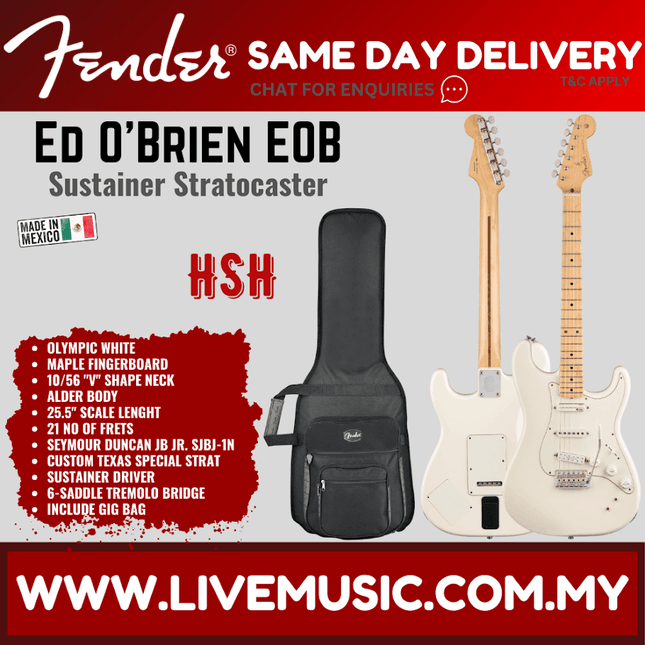 Fender Ed O'Brien EOB Sustainer Stratocaster Electric Guitar, Maple Fretboard - Olympic White