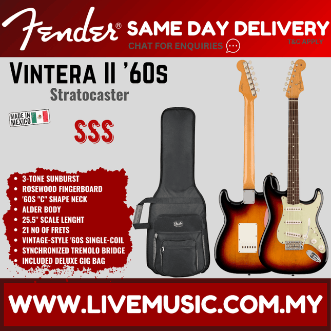 Fender Vintera II 60s Stratocaster Electric Guitar, RW FB, Olympic White / Lake Placid Blue / 3-Tone Sunburst