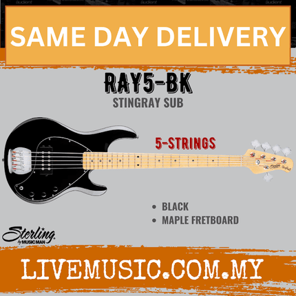 Sterling Ray5 Stingray 5-String Electric Bass Guitar Maple Fretboard - Black (Ray-5/Ray 5)