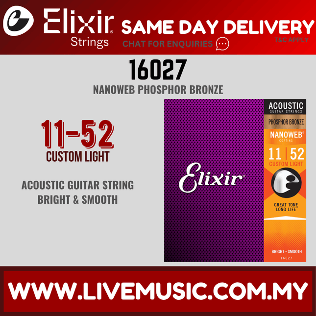 Elixir 16027 Nanoweb Phosphor Bronze Acoustic Guitar String (11-52)