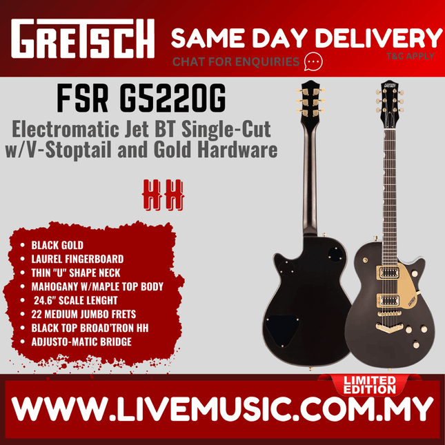 Gretsch FSR G5220G Electromatic Jet BT Single-Cut Guitar w/V-Stoptail and Gold Hardware, Black Gold