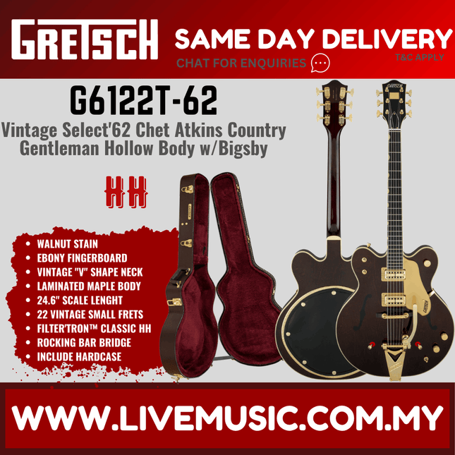 Gretsch G6122T-62 Vintage Select Chet Atkins Country Gentleman Hollow Body w/Bigsby, Walnut Stain