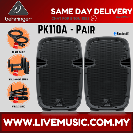 Behringer PK110A Active 350W 10" PA Speaker With Bluetooth w/Wireless Mic, Speaker Stand & Cable - (PK-110A PK 110A)