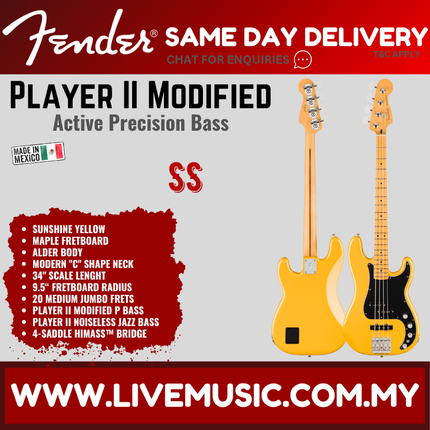 Fender Player II Modified Active Precision Bass Guitar, Maple FB, Sunshine Yellow