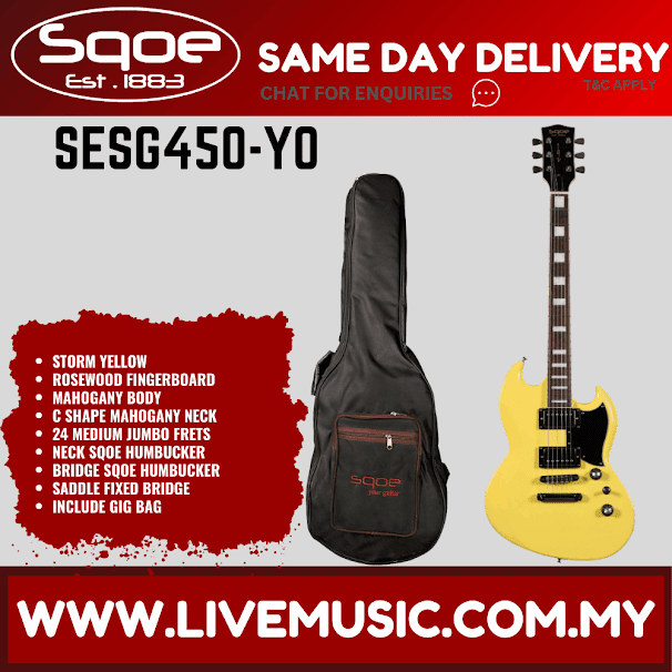 Sqoe SESG450 Arsenal Devils Horn Electric Guitar w/Gig Bag, Rosewood FB - Storm Yellow ( SESG-450 / SESG 450 )