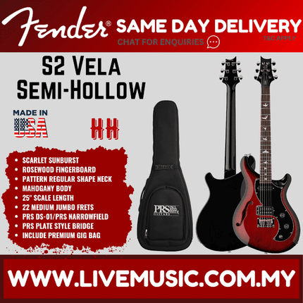 PRS S2 Vela Semi-Hollow Electric Guitar, Scarlet Sunburst