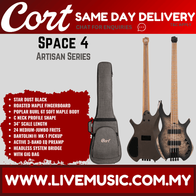 Cort Space 4 Headless 4-String Bass Electric Bass Guitar w/ Gig Bag, Roasted Maple Fingerboard - Star Dust Black