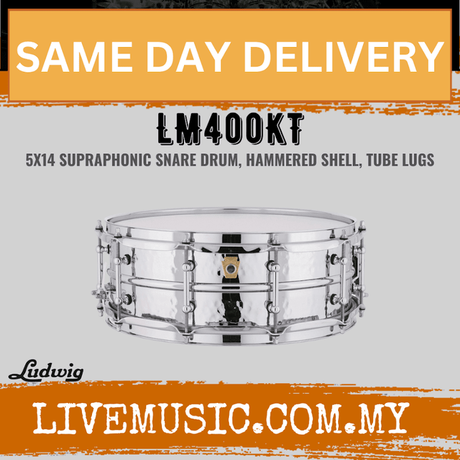 Ludwig LM400KT 5x14inch Supraphonic Chrome-Plated Aluminium Snare Drum, Hammered Shell, Tube Lugs