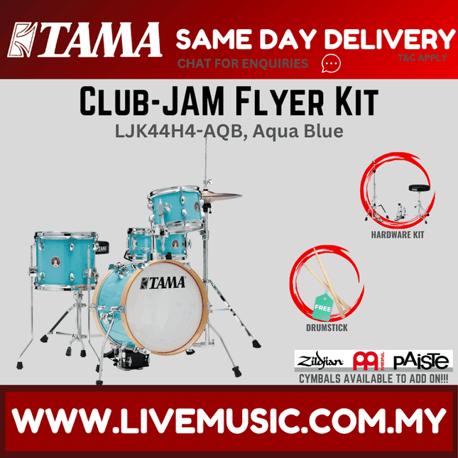 Aqua blue 4-piece drum kit with hardware and drum throne, no cymbals shown.