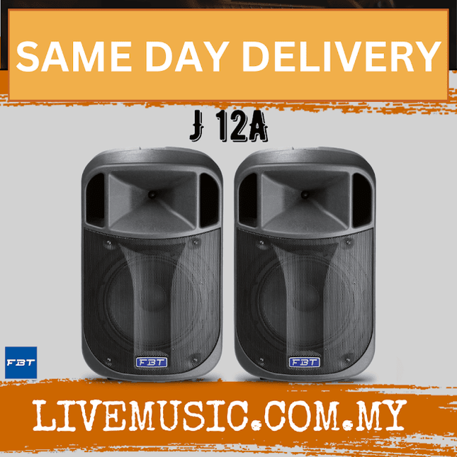 Two processed active monitor speakers with dual horns and front grille, dark black finish