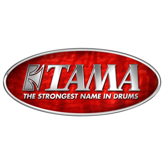 TAMA oval brand logo with red background and chrome border