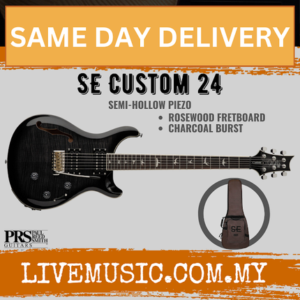 PRS SE Custom 24 Semi-Hollowbody Piezo Electric Guitar, RW FB-Charcoal Burst