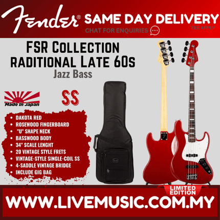 Fender FSR Collection Traditional Late 60s Jazz Bass Guitar, RW FB, Dakota Red