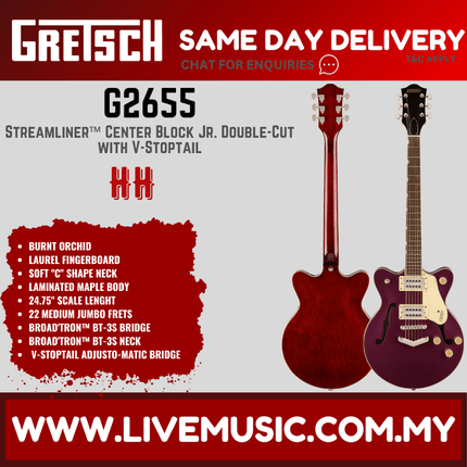 Gretsch G2655 Streamliner Center Block Jr. Doublecut Semi-Hollowbody Guitar, Burnt Orchid