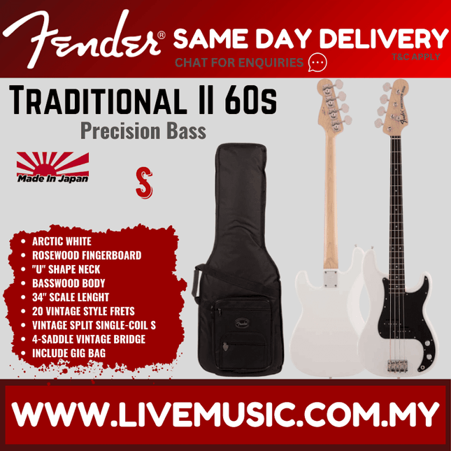 Fender Japan Traditional II 70s Precision Bass Guitar, Rosewood Fretboard with FREE Gig Bag - Arctic White