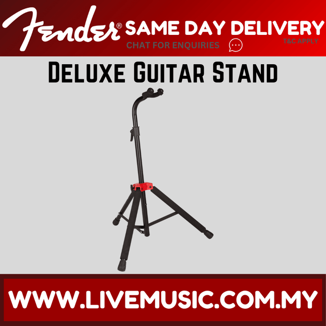 Dark folding guitar stand with red support clip and angled base legs