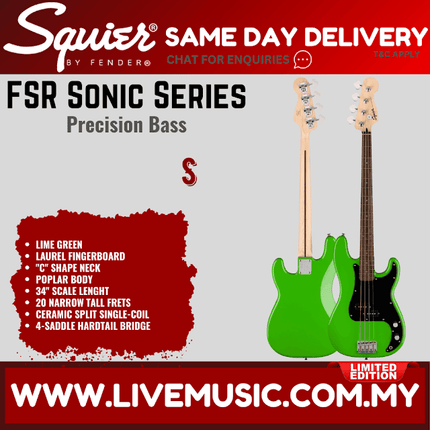 Squier Limited Edition Sonic Precision Bass Guitar w/Black Pickguard, Laurel FB, Lime Green