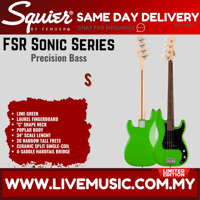 Squier Limited Edition Sonic Precision Bass Guitar w/Black Pickguard, Laurel FB, Lime Green