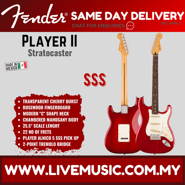 Fender Player II Stratocaster Electric Guitar, RW FB, Transparent Cherry Burst / White Blonde