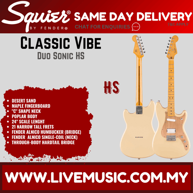 Squier Classic Vibe Duo Sonic HS Electric Guitar, Maple FB, Desert Sand