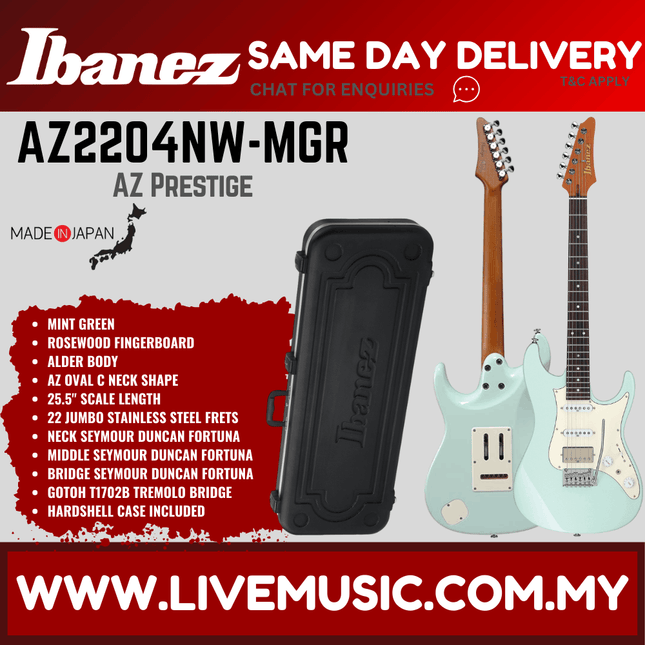 IBANEZ AZ2204NW PRESTIGE ELECTRIC GUITAR, MINT GREEN , DARK TIDE BLUE, METALLIC GREY & VERMILLION RED ( AZ2204NW MGR / AZ2204 DTB  / AZ2204NW GRM /  AZ2204NW VR)