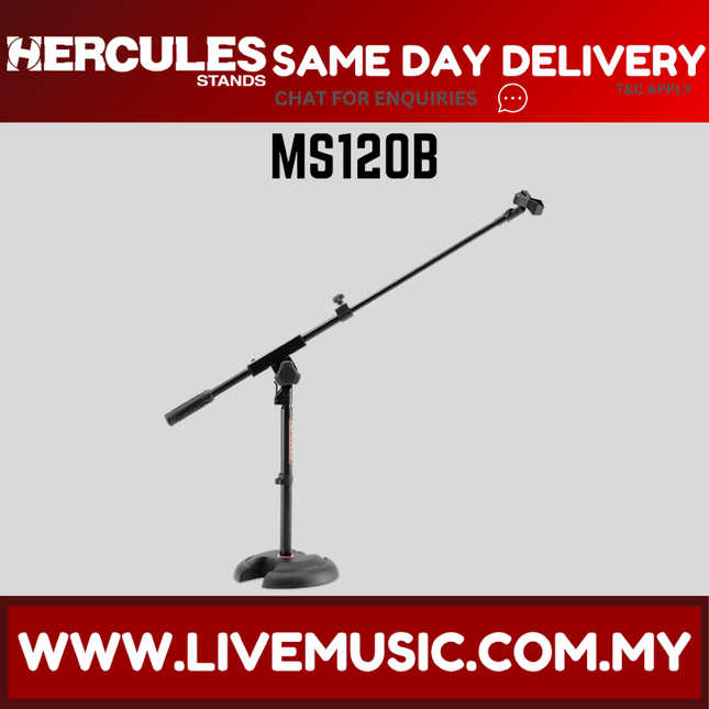Hercules MS120B Low Profile H-Base Mic Stand with Boom and Mic Clip (MS120B)