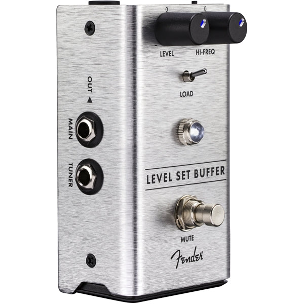 Silver guitar effects pedal side view with input/output jacks and Mute controls