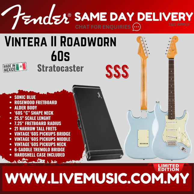 Fender Limited Edition Vintera II Roadworn 60s Stratocaster Electric Guitar, RW FB, Sonic Blue
