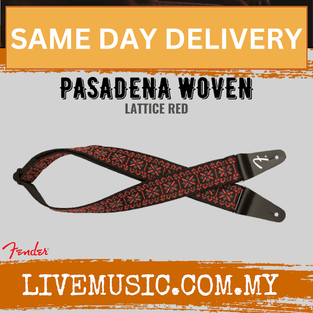 Red and black lattice woven guitar strap with two leather ends and Fender-style clips
