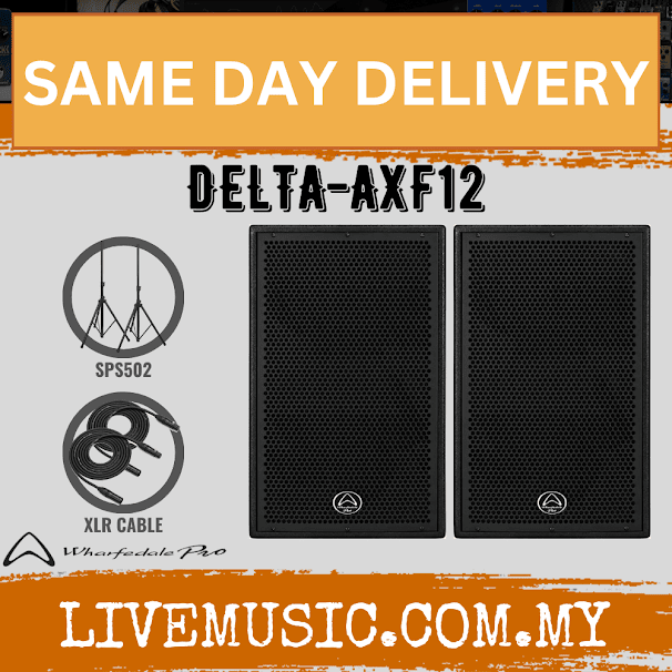 Two black active speaker cabinets with grille fronts and accessory icons