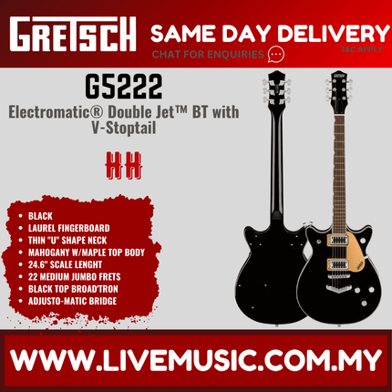 Gretsch G5222 Electromatic Double Jet BT Electric Guitar w/V-Stoptail, Laurel FB, Black