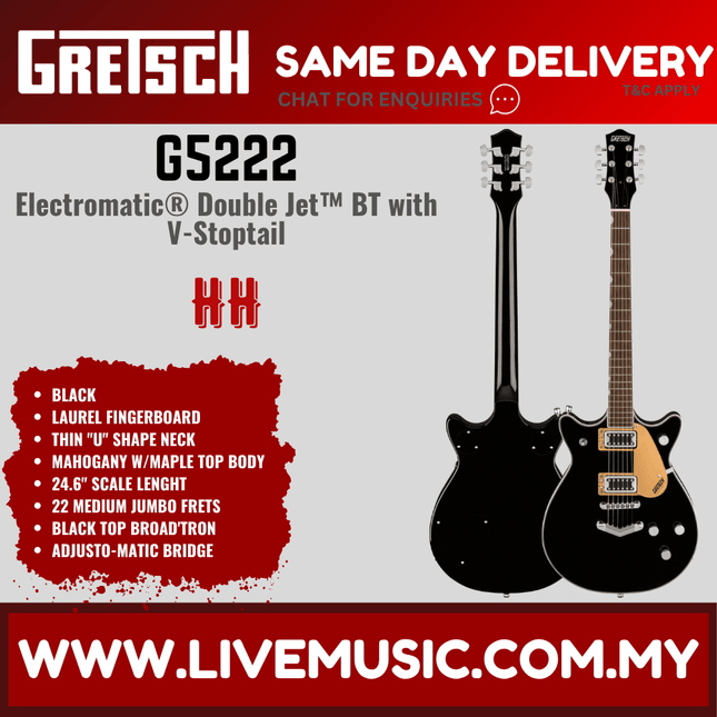 Gretsch G5222 Electromatic Double Jet BT Electric Guitar w/V-Stoptail, Laurel FB, Black