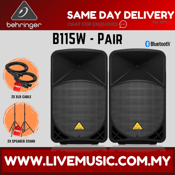 Behringer Eurolive B115W 1000W 15" Powered Speaker w/Wireless Mic,Speaker Stand & Cable - Each / Pair ( B-115W B 115W )