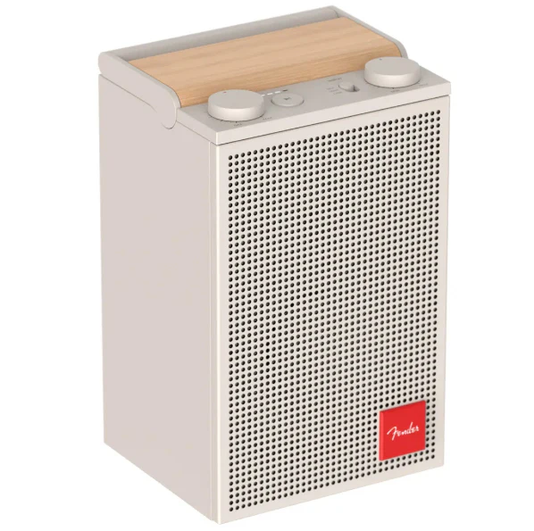 White portable Bluetooth speaker with top buttons and perforated front grille