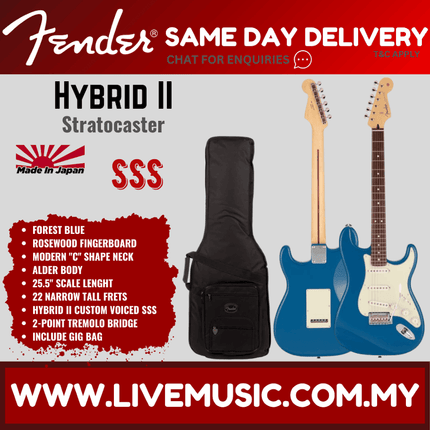 Fender Japan Hybrid II Stratocaster Electric Guitar, Rosewood Fretboard with Gig Bag - Forest Blue