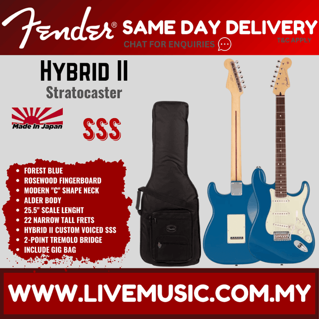 Fender Japan Hybrid II Stratocaster Electric Guitar, Rosewood Fretboard with Gig Bag - Forest Blue