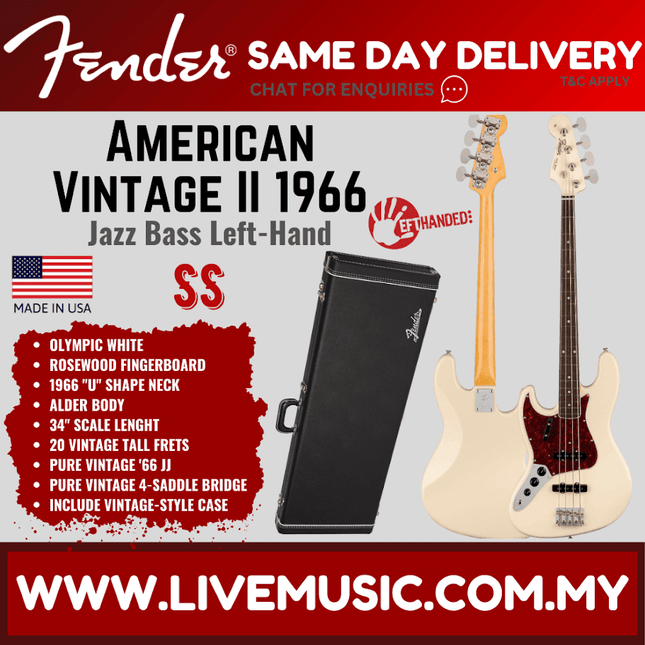 Olympic white left-handed Jazz bass guitar with maple fretboard and vintage-style case