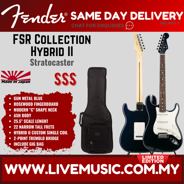 Fender FSR Collection Hybrid II Stratocaster Electric Guitar, RW FB, Gun Metal Blue