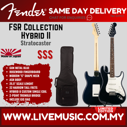 Fender FSR Collection Hybrid II Stratocaster Electric Guitar, RW FB, Gun Metal Blue
