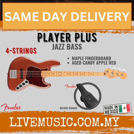 Fender Player Plus Jazz Bass Guitar, Maple Fretboard - Aged Candy Apple Red