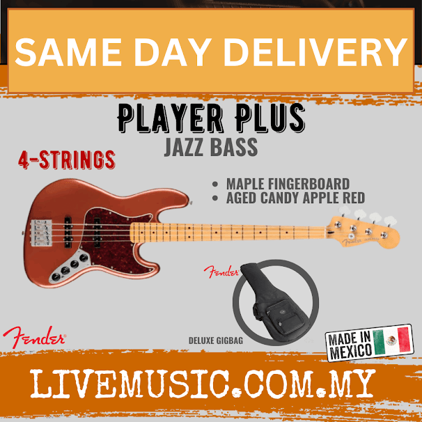 Fender Player Plus Jazz Bass Guitar, Maple Fretboard - Aged Candy Apple Red